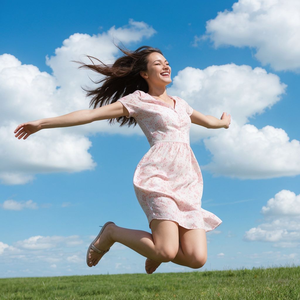 青空の下、ピンクのドレス姿の女性が喜びに満ちて跳躍する自由な瞬間。