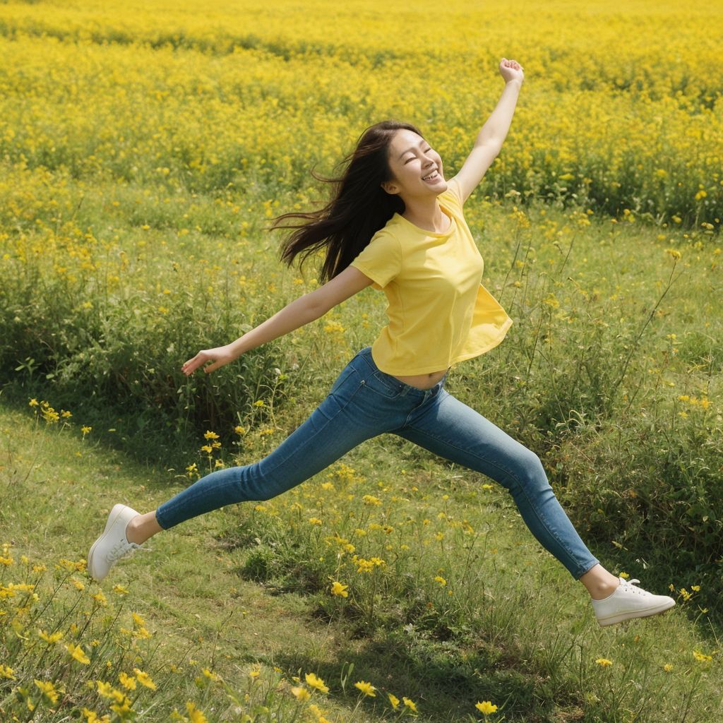 菜の花畑で黄色いトップスの女性が喜びいっぱいにジャンプ。青空と黄金色の花が広がる春の風景。