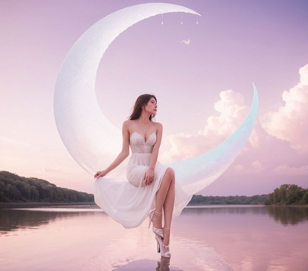 月光に包まれた女神が、静寂の水面に浮かぶ三日月に腰掛ける。