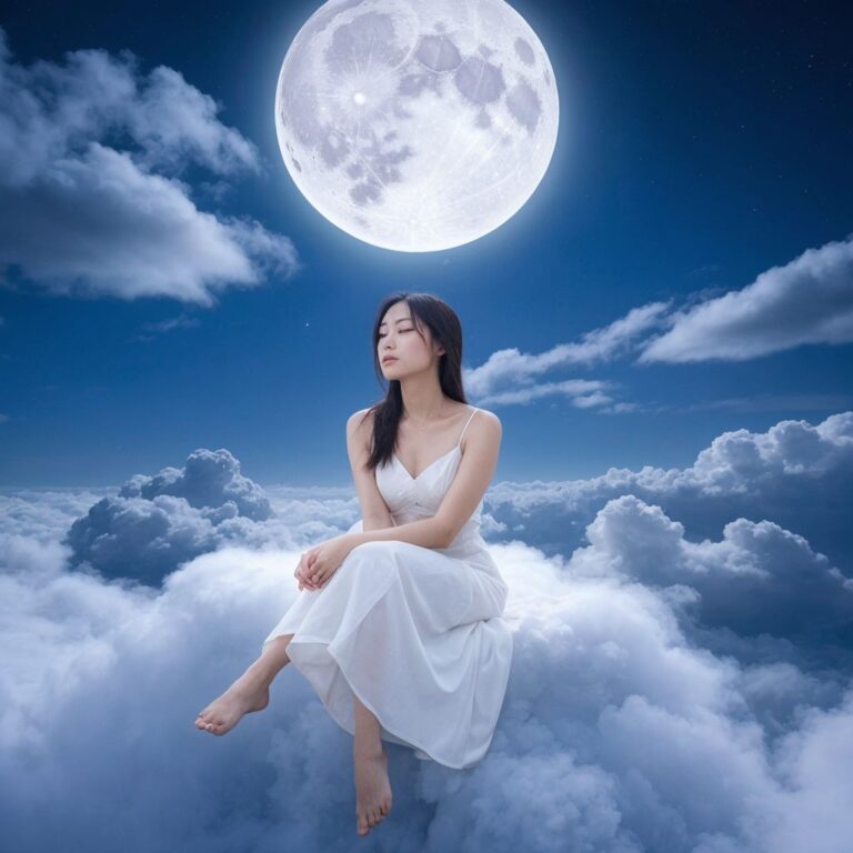 月明かりの中、雲の上に座る白いドレスの女性。夢のような夜空と巨大な満月。