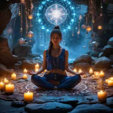 ADHD瞑想：神秘的な青い光と蝋燭に囲まれ、静寂を探る女性の姿。内なる平安を求める瞬間。