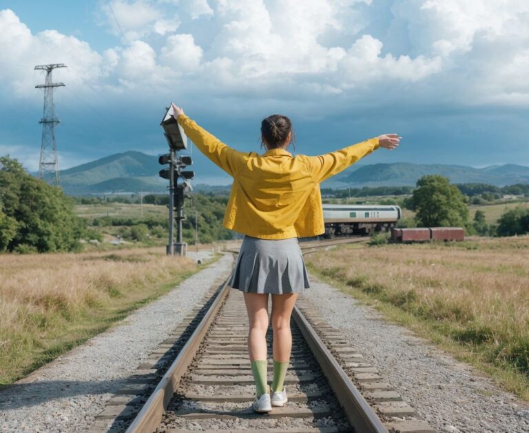 黄色いジャケットの旅人が、田舎の線路で両手を広げ、自然と人工の調和を体現する風景。