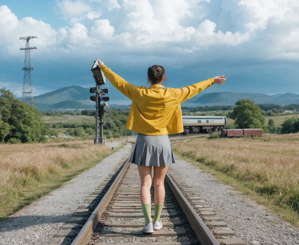 黄色いジャケットの旅人が、田舎の線路で両手を広げ、自然と人工の調和を体現する風景。