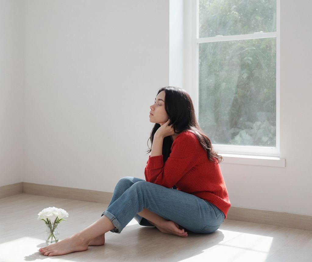 赤いセーターを着た人が、明るい部屋の窓際で静かに座って瞑想している様子。