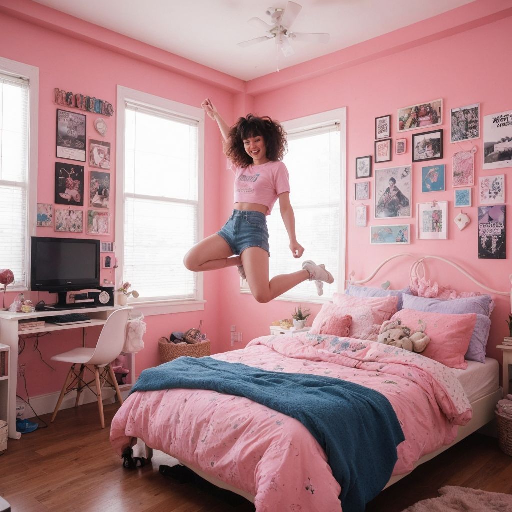 ピンクの部屋で躍動感あふれるジャンプ！アフロヘアの少女が喜びを表現する瞬間。