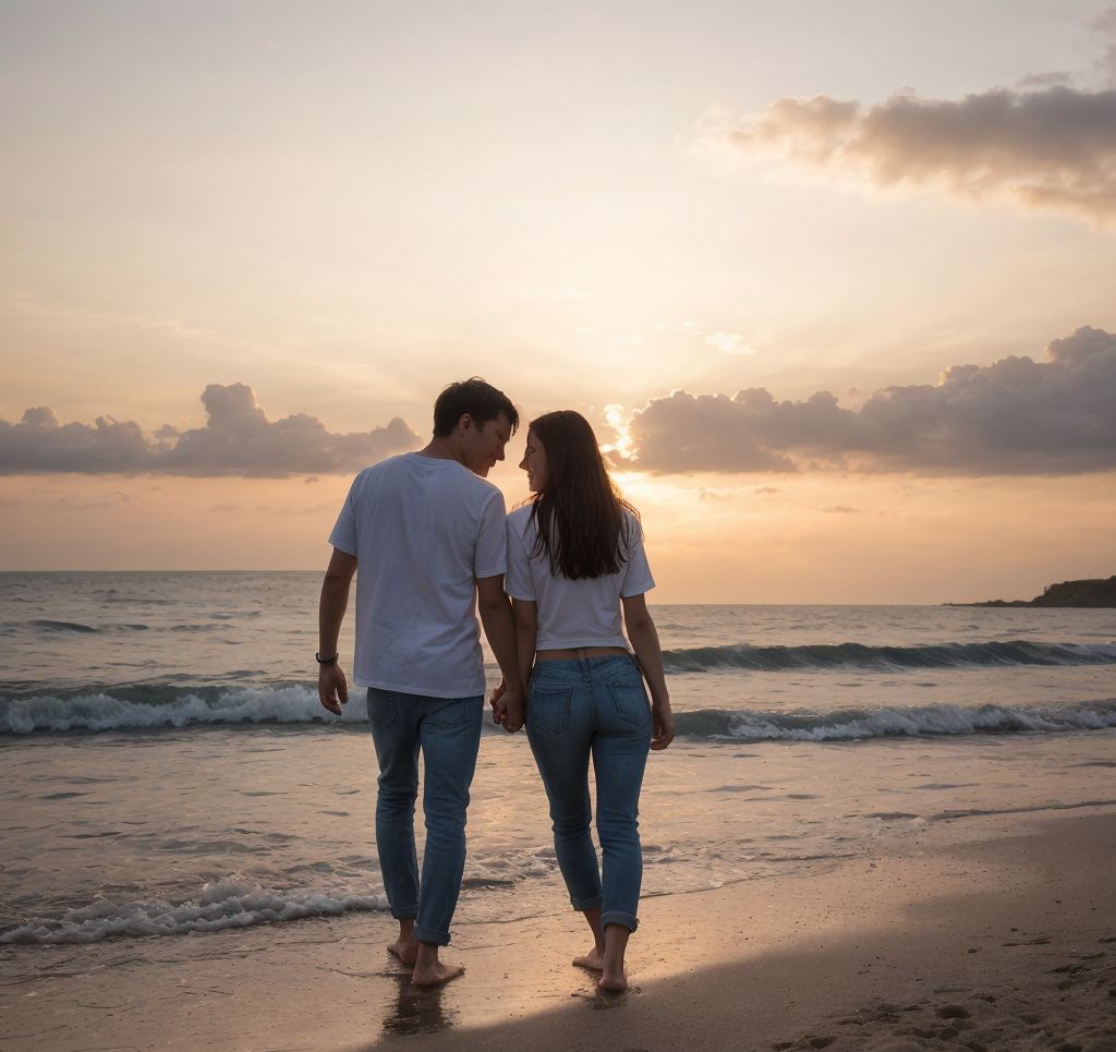 夕日の浜辺を歩くカップルのシルエット。ロマンチックな雰囲気の海岸の風景。