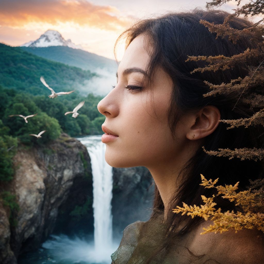 夢見る少女と神秘の滝：自然の調和が織りなす幻想的な風景。静寂と壮大さが共存する一枚。