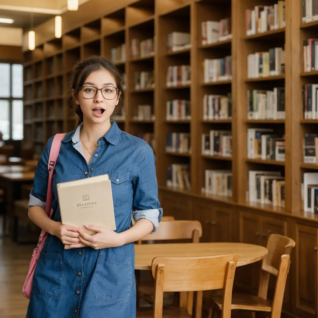 図書館で「グレート・ギャツビー」を持つ学生。背景に本棚、テーブル、椅子があり、学習環境を表現。