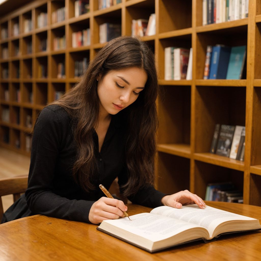 図書館の本棚前で集中して勉強する長髪の女子学生、知識の探求を象徴する一枚