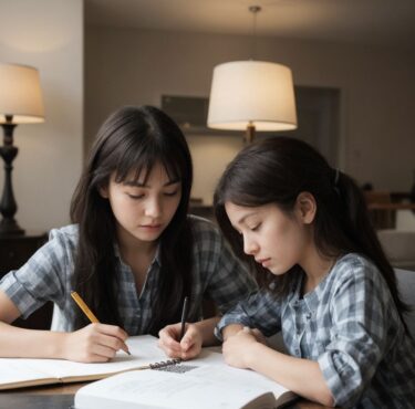 ADHDの学生2人が集中して勉強。温かな照明の中、協力しながら学習に取り組む様子。