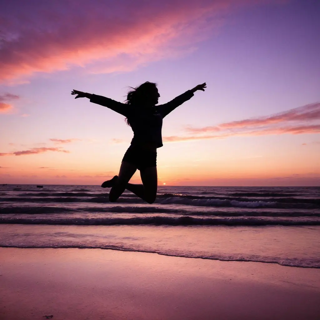 Sunset beach silhouette jump