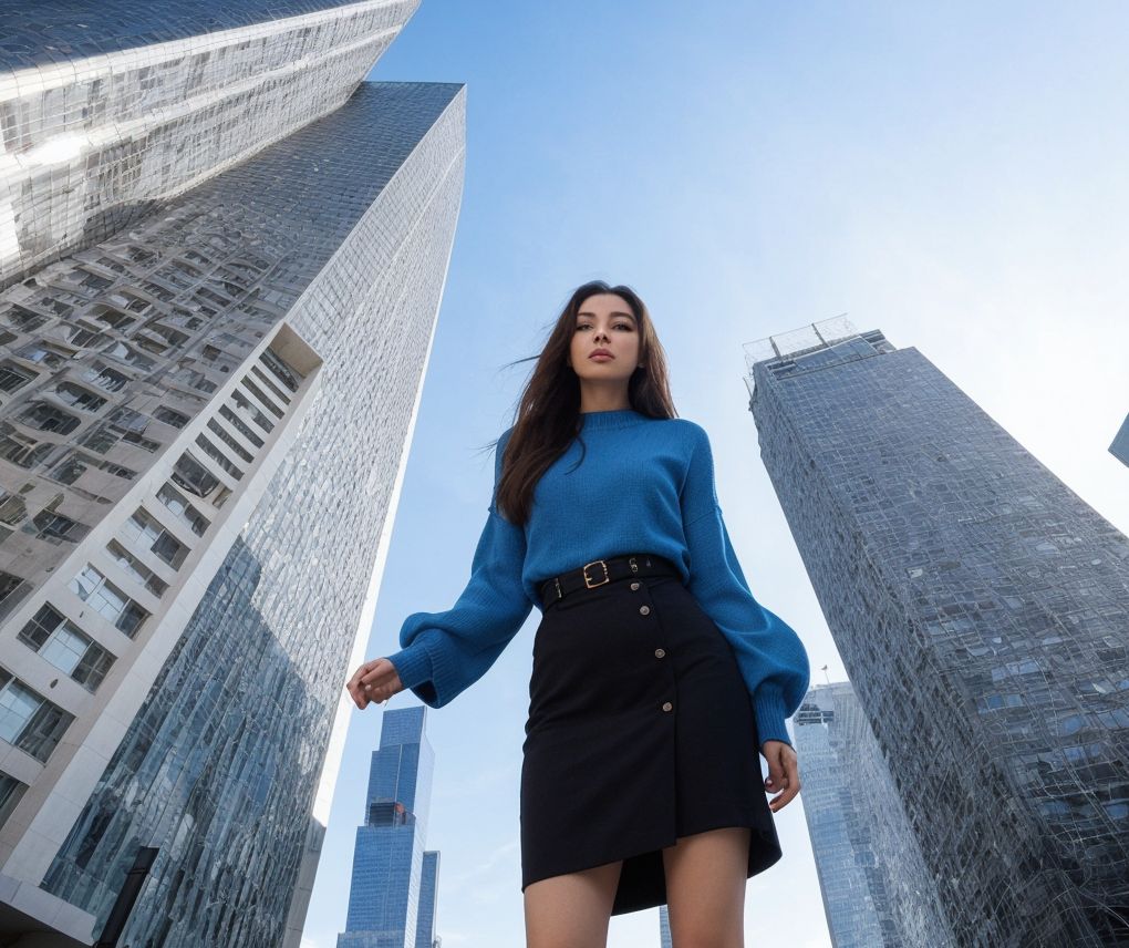 都会のスカイラインと青いトップスの女性：現代的な都市と洗練されたファッションの融合