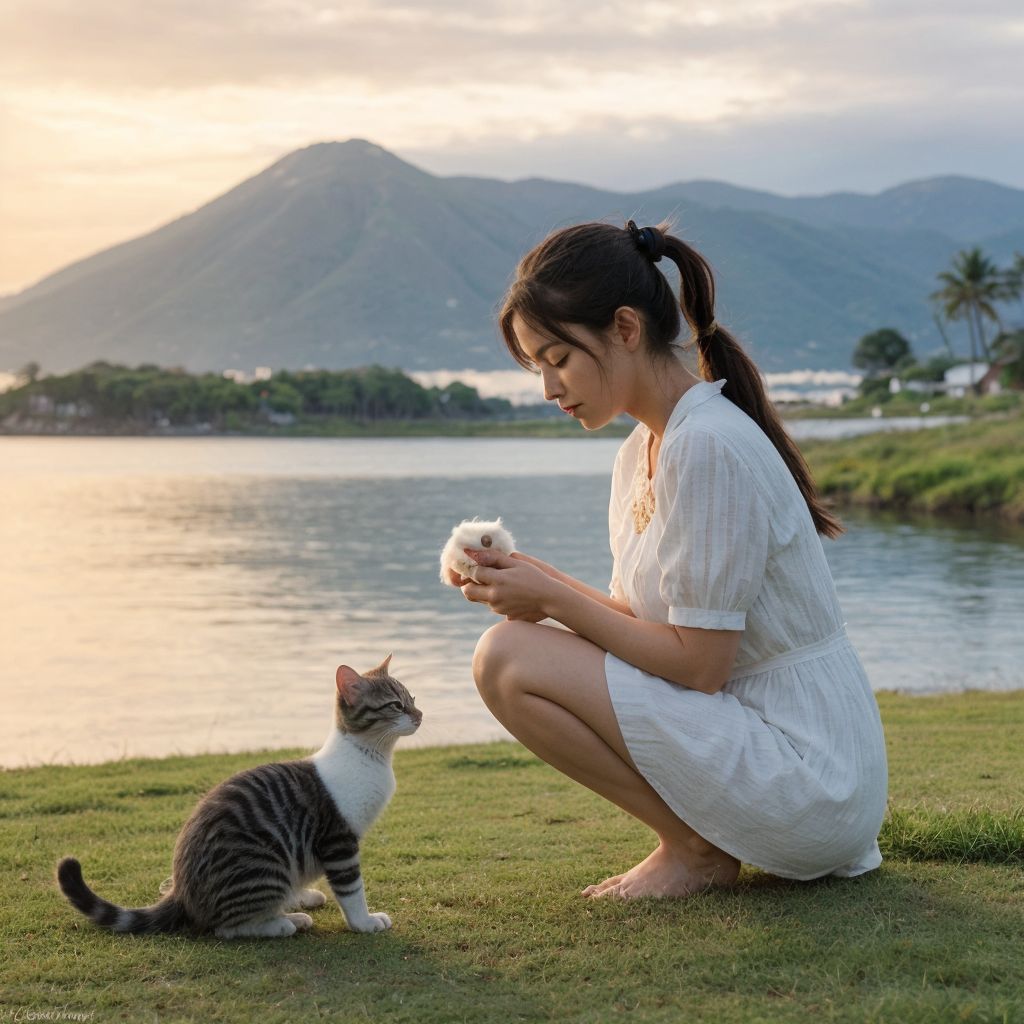 湖畔の静寂: 白いドレスの女性と猫が、山々に囲まれた美しい景色を眺める瞬間。