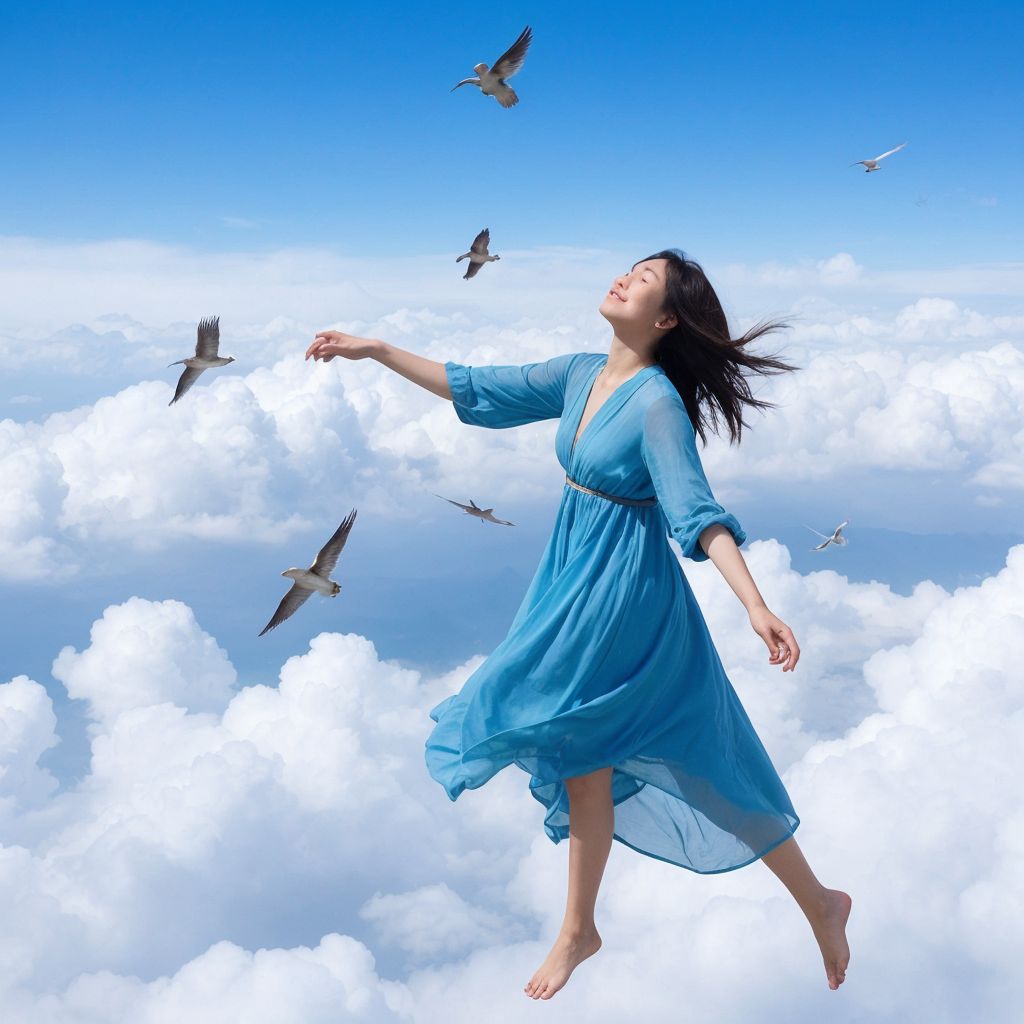 雲の上で舞う青いドレスの女性と飛ぶカモメたち、夢のような空中風景。