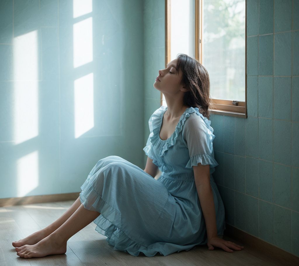 窓際で瞑想する青いドレスの女性、柔らかな光に包まれた静寂の一瞬