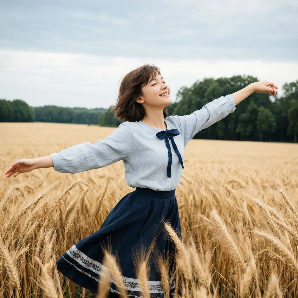 麦畑で喜ぶ女性