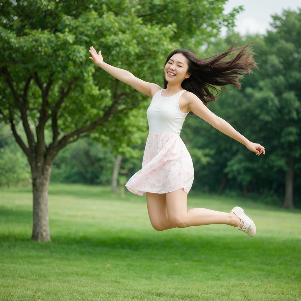緑あふれる公園で、白いドレスの女性が喜びに満ちてジャンプする瞬間を捉えた爽やかな一枚。