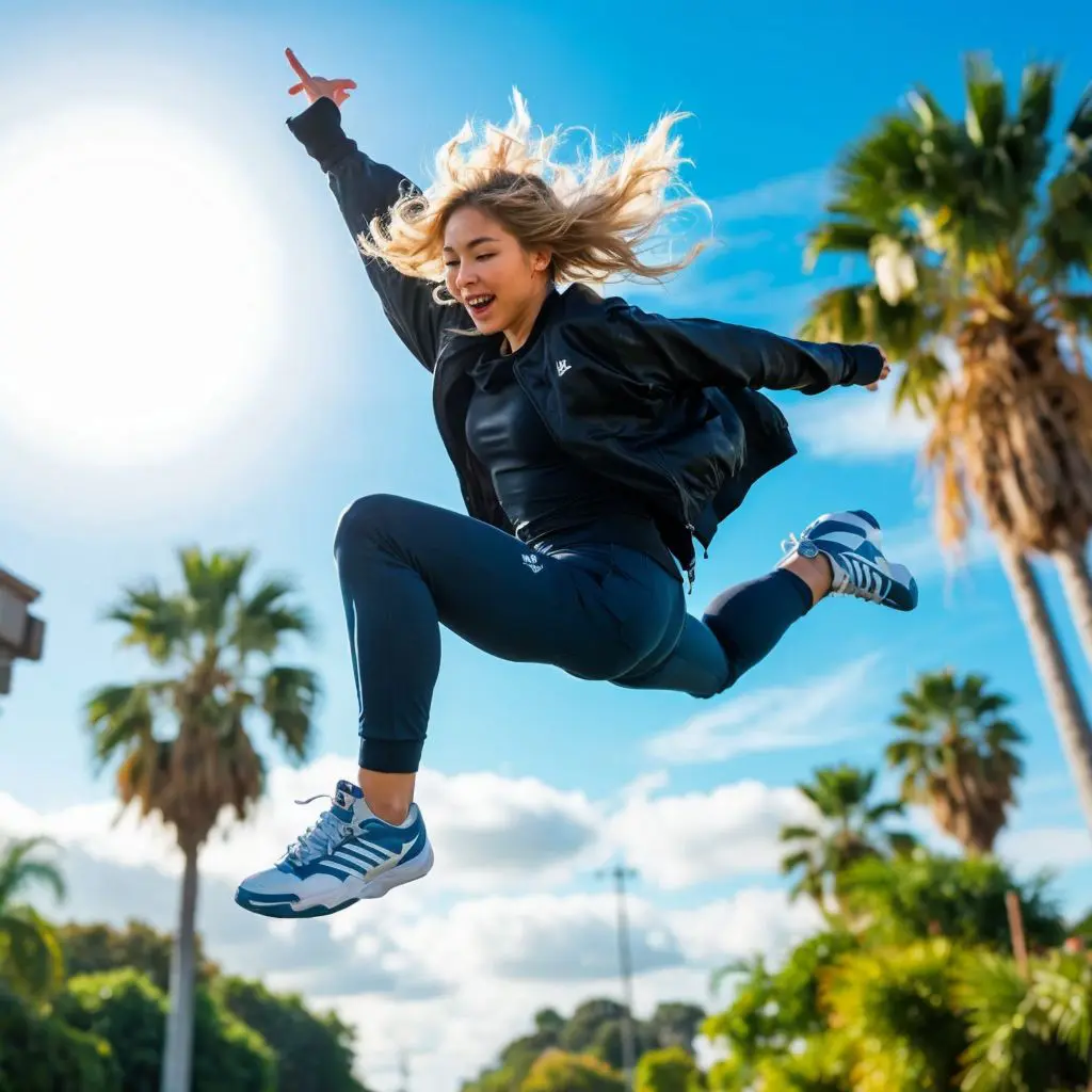 ヤシの木の前でジャンプする若い女性。青空と太陽の下で活力あふれる瞬間。