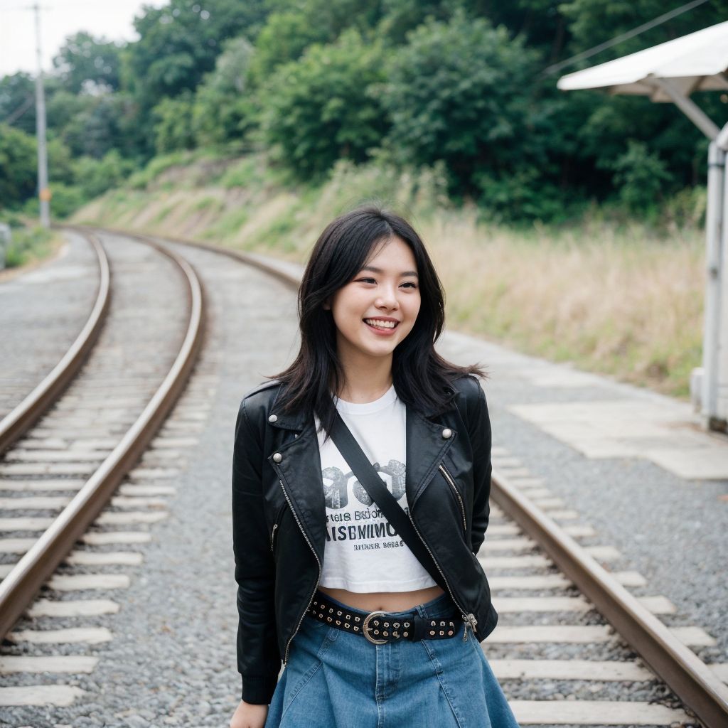 鉄道線路に立つ笑顔の若い女性。黒いジャケットとジーンズ姿。緑豊かな田舎の風景。