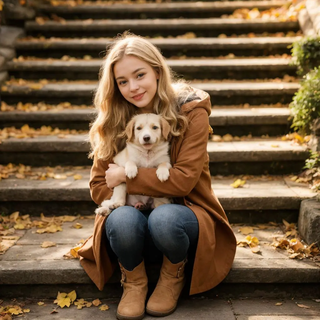 秋の階段で子犬を抱く女性