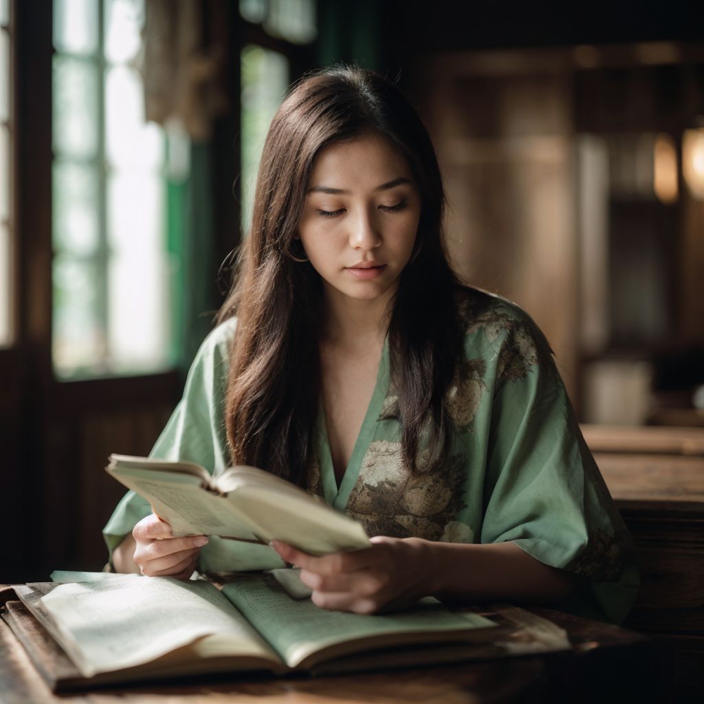 緑の着物を着た若い女性が、伝統的な和室で本を読んでいる静かな風景。