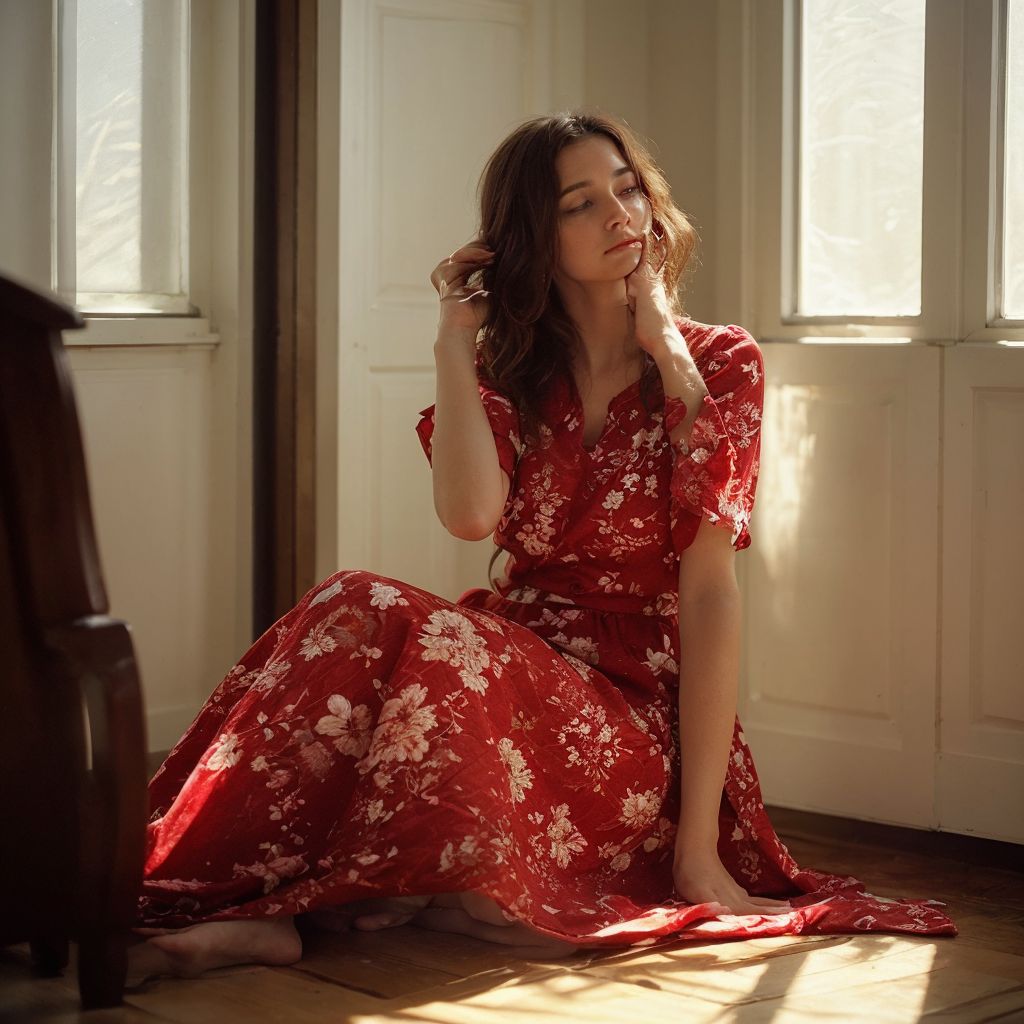 赤い花柄ドレスを着た女性が、日差しの差し込む部屋の床に座っている優雅な姿。