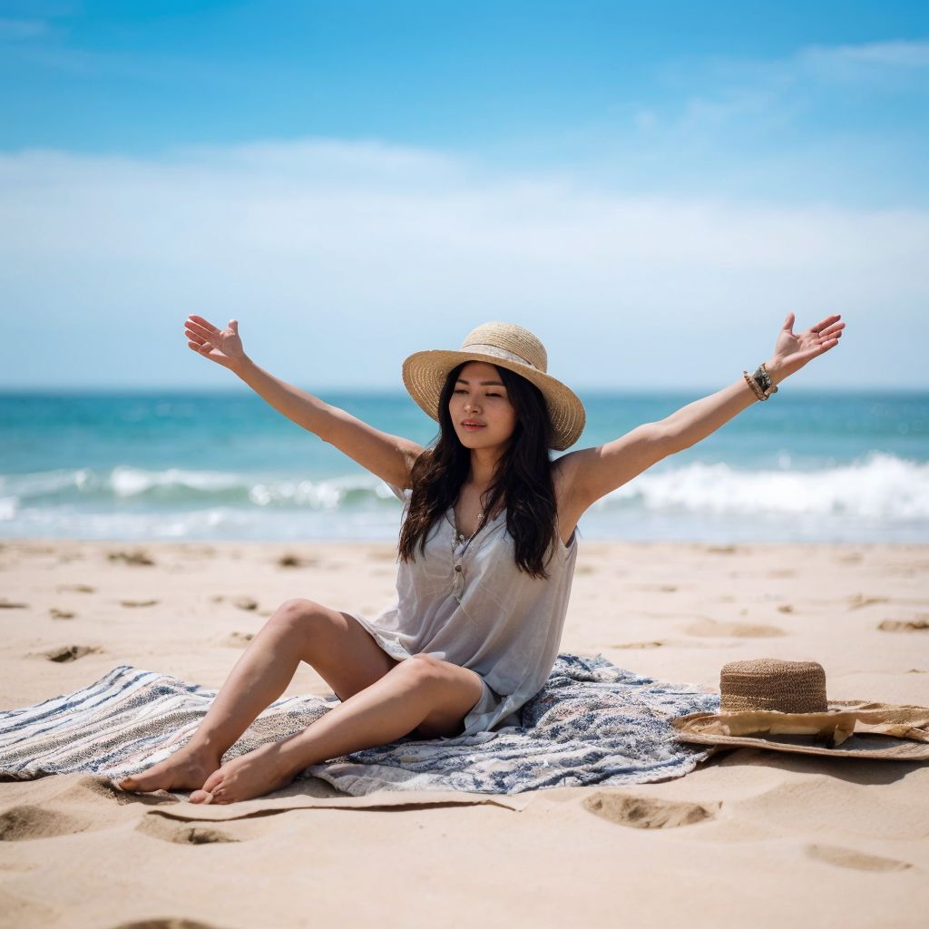 夏の海辺で白いドレスを着た女性が砂浜でリラックスしている様子。帽子と本が傍らにある。
