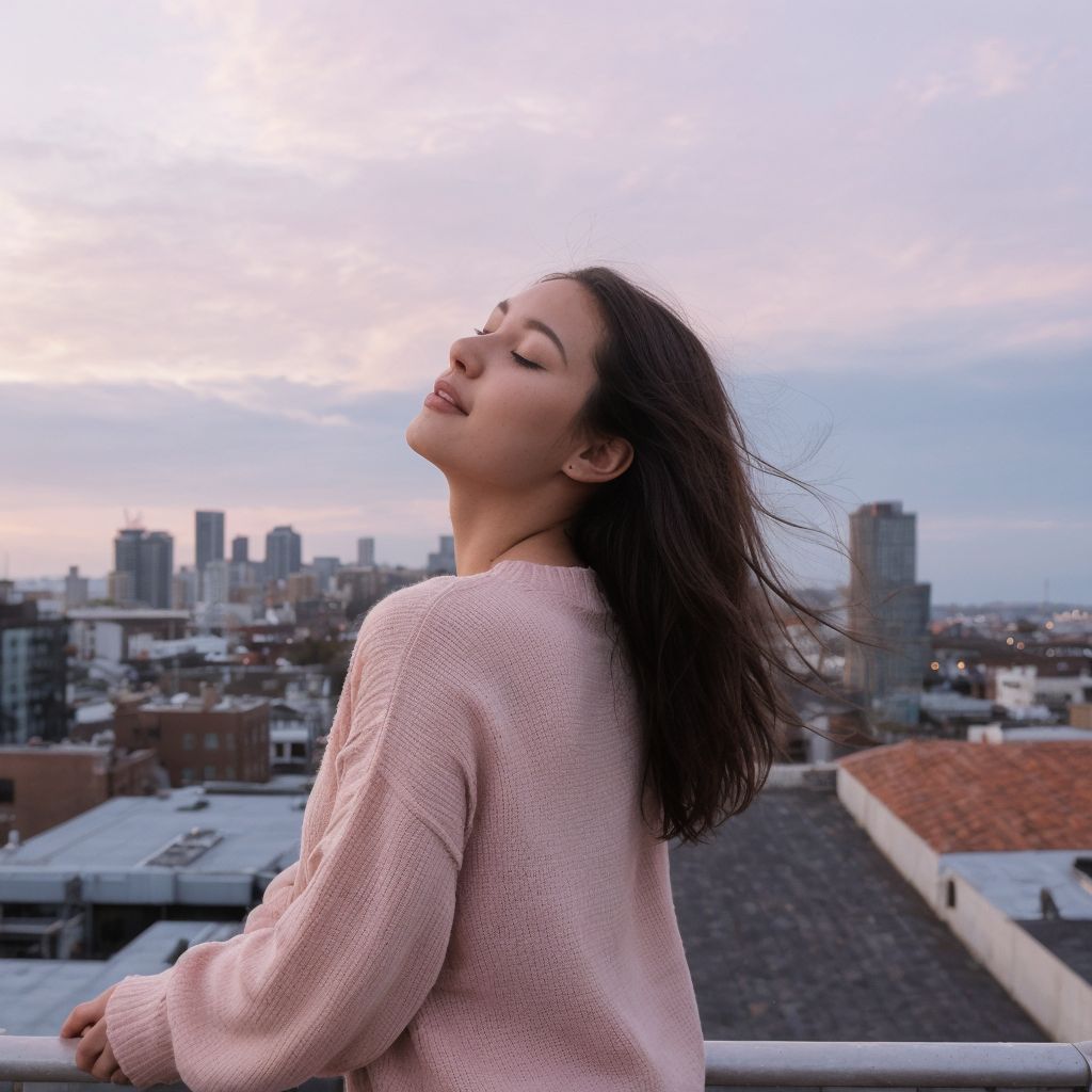 夕暮れの都市を見下ろす屋上で、ピンクのセーターを着た女性が穏やかに佇んでいる。