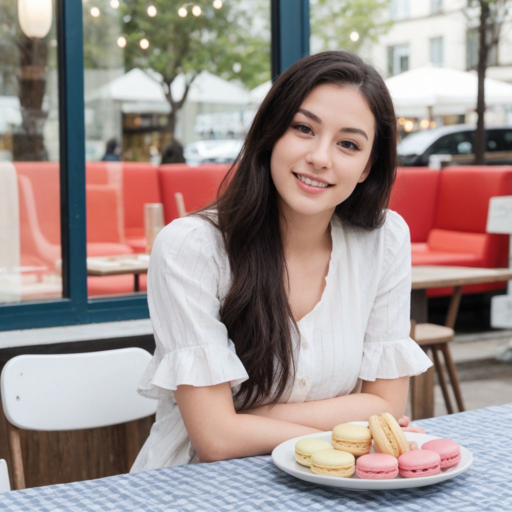 都会のカフェで、白いトップスの笑顔の女性がカラフルなマカロンを楽しむ爽やかな春の風景。