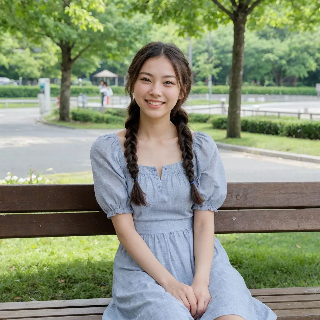 木々に囲まれた公園のベンチで、水色のワンピースを着た若い女性が優しく微笑む春の肖像画。