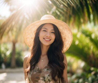 麦わら帽子をかぶった女性が、トロピカルな背景で微笑むポートレート写真。