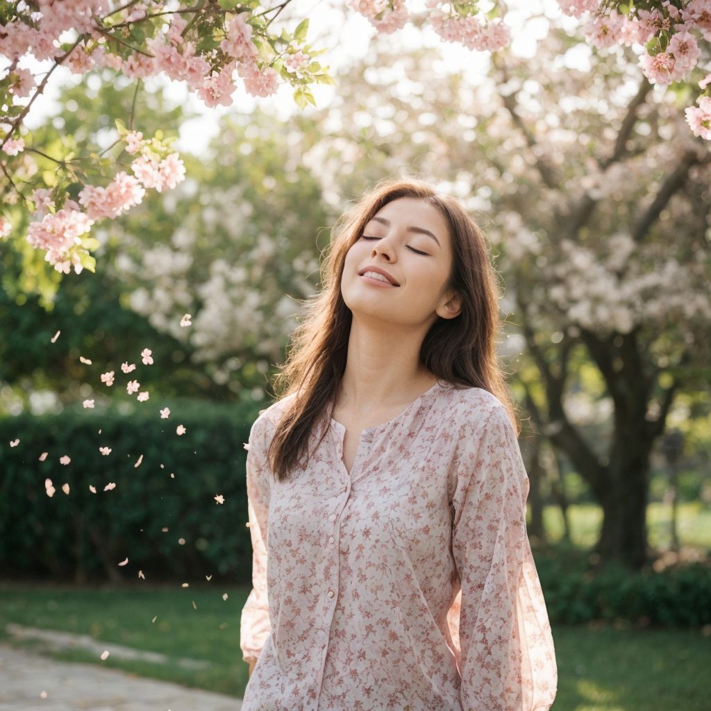 桜満開の中、微笑む女性が春の風を感じる瞬間。美しさと静寂が調和する夢のような光景。