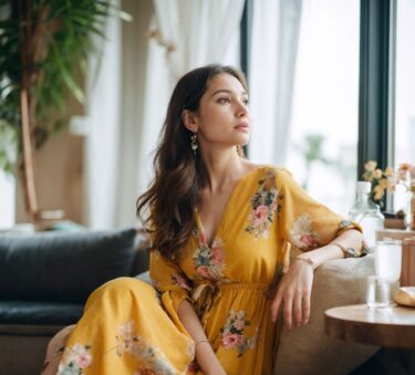 黄色いワンピースを着た女性がリビングルームでくつろぐ優雅な姿。窓際の明るい空間で静かに佇む。