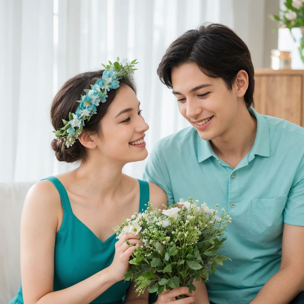 花冠とブーケを持つ若いカップルが、白いカーテンの前で愛情深く寄り添っています。
