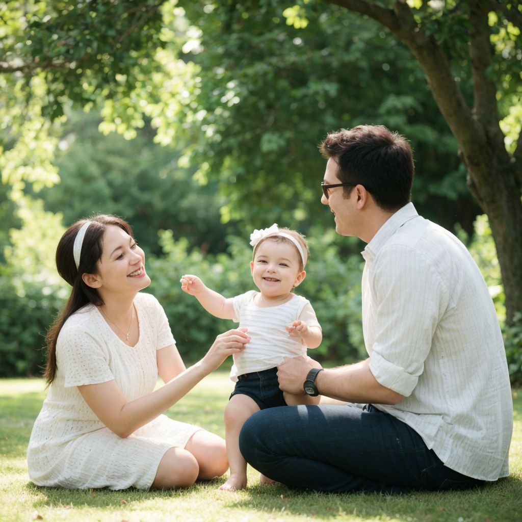 緑豊かな自然の中で、赤ちゃんを囲む笑顔の若い家族の温かな瞬間