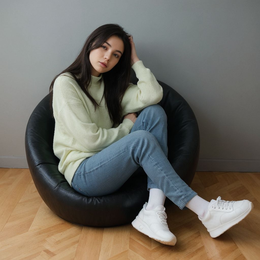 大きな黒い椅子に座る若い女性。クリーム色のセーターとジーンズ姿で物思いにふける。