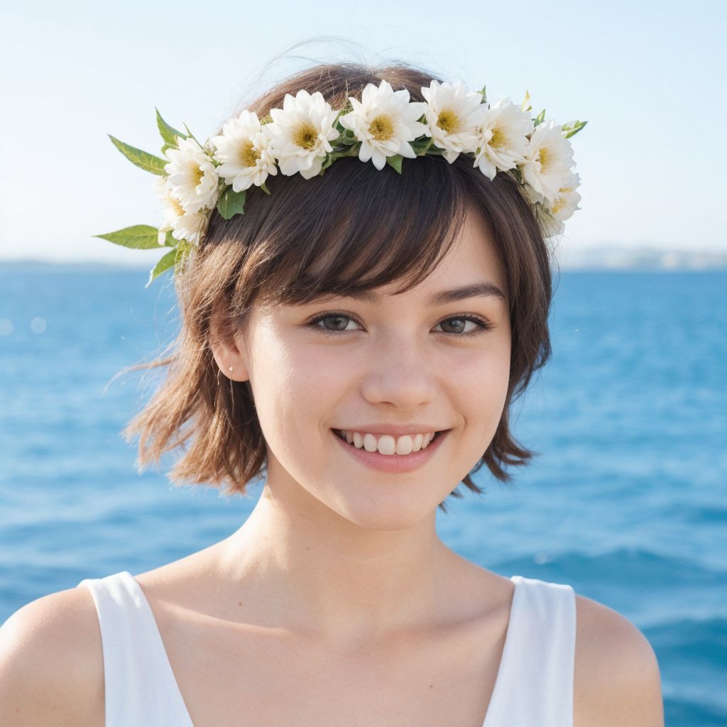 花冠をつけた笑顔の若い女性が、青い海と空を背景に立っている。