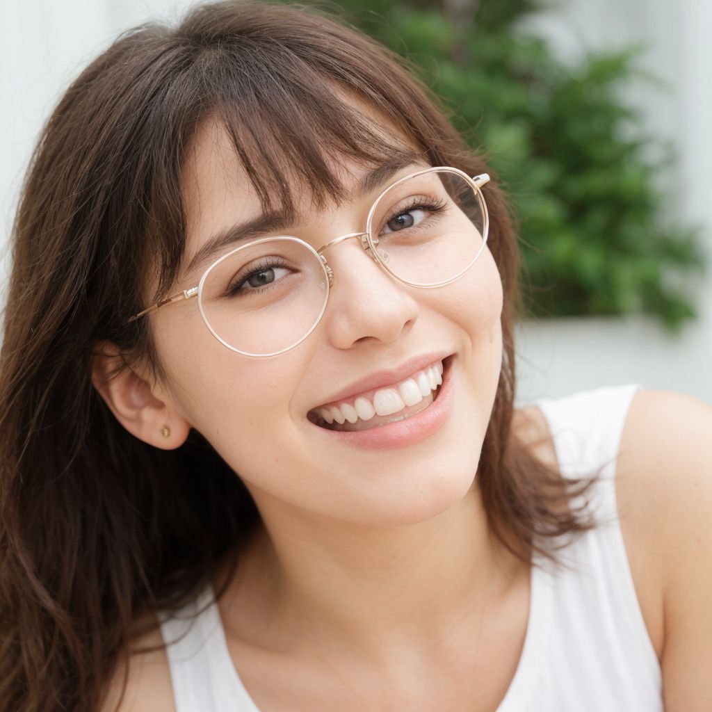 メガネをかけた笑顔の若い女性の屋外ポートレート。明るい表情と茶色の髪が特徴的。