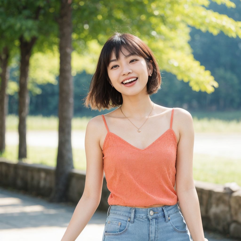 晴れた公園で、短髪の若い女性が華やかな笑顔を見せている。コーラル色のトップスとデニムを着用。