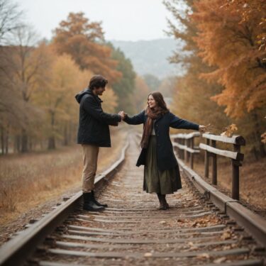 秋の線路で手をつなぐカップル。紅葉の森に囲まれたロマンチックな風景。