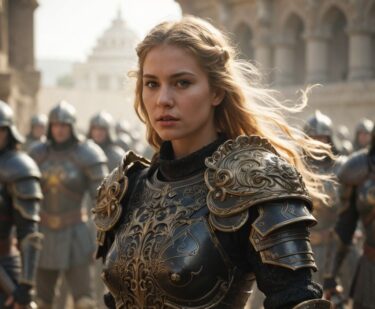 中世の装飾的な鎧を着た金髪の女性戦士が、兵士たちを率いて立っている様子。
