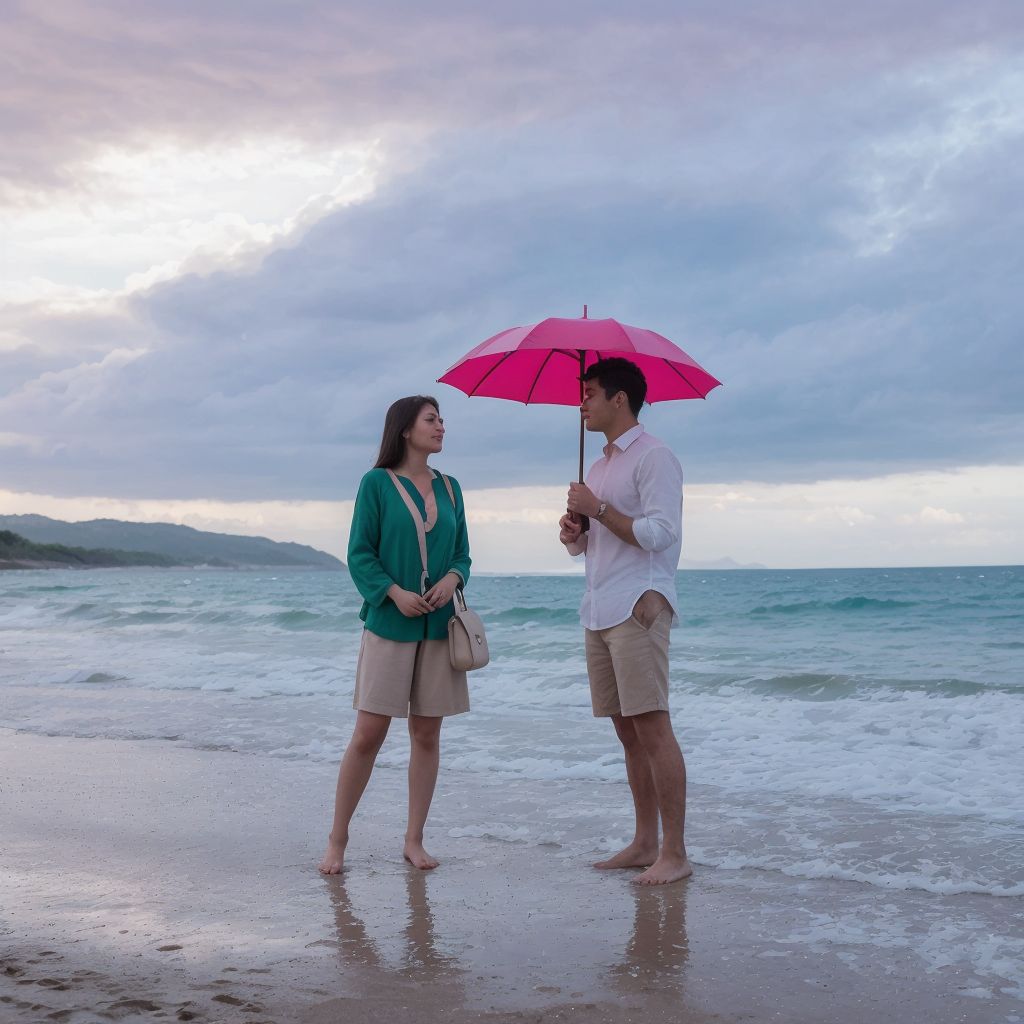 ピンクの傘を持つカップルが夕暮れのビーチで寄り添う、ロマンチックな海辺の風景。