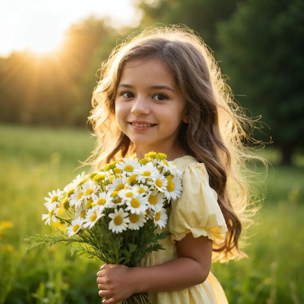 夕暮れ時の野原で、笑顔の少女がデイジーの花束を抱えている美しい光景。