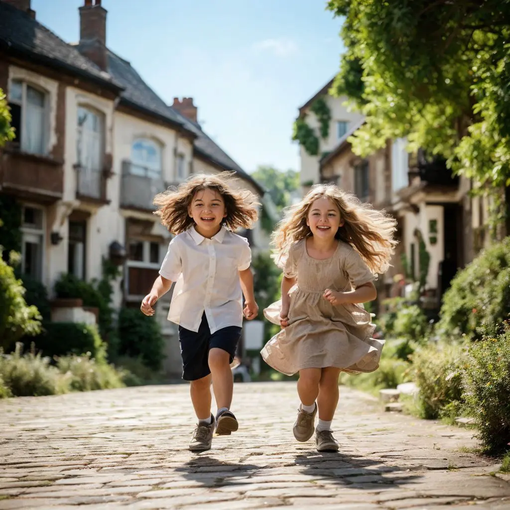 石畳の通りを走る2人の子供。ヨーロッパ風の家々に囲まれた夏の日の喜びあふれる光景。