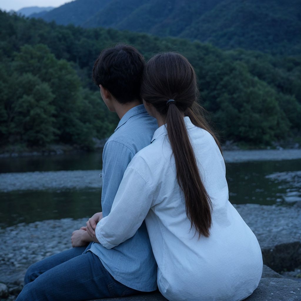 夕暮れの湖畔で寄り添うカップル。山々を背景に静かな水面が広がる。