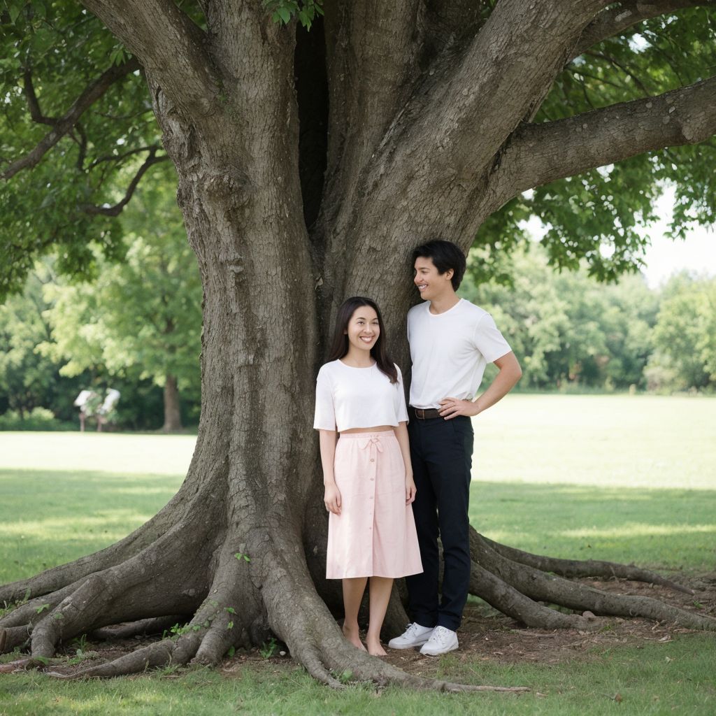 古木の下で寄り添うカップル。公園の緑豊かな景色と調和した夏の穏やかな雰囲気。
