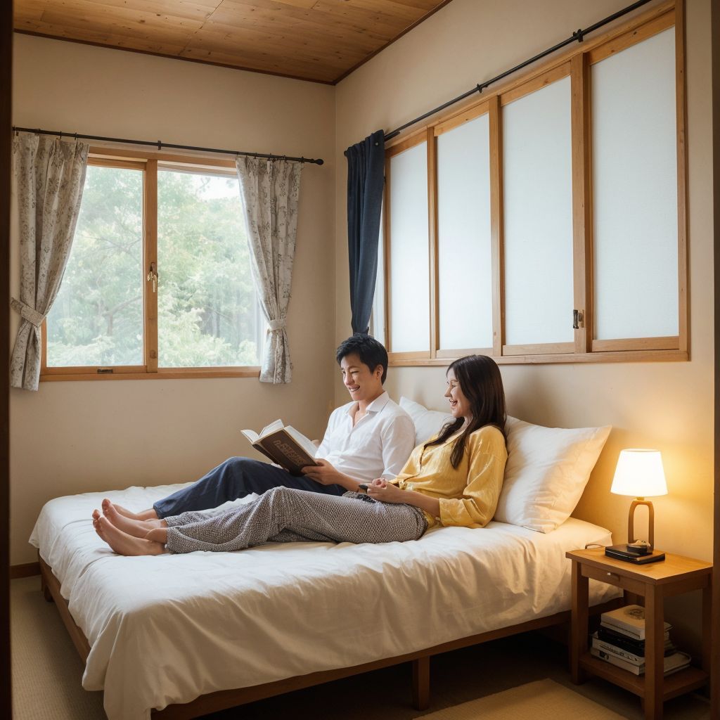 温かみのある寝室で、カップルがベッドに座ってくつろぎ、読書を楽しんでいる落ち着いた雰囲気の光景。