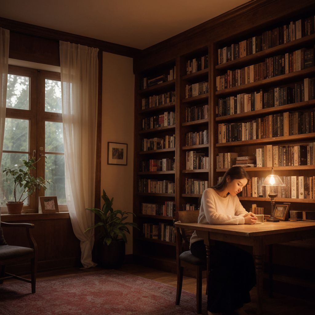居心地の良い家庭図書室で勉強する人。本棚、机、窓辺の植物が温かな雰囲気を醸し出す。