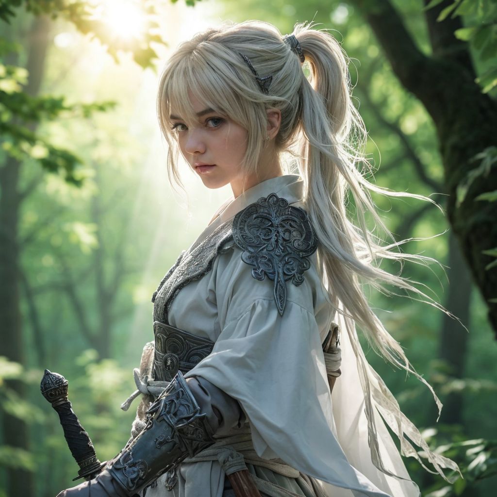 ファンタジー世界の森で、長い白髪と剣を持つ若い女性戦士の肖像画。