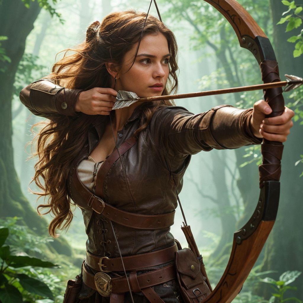 幻想的な森で弓を引く冒険者の女性。神秘的な雰囲気漂う中、的を狙う姿が印象的。